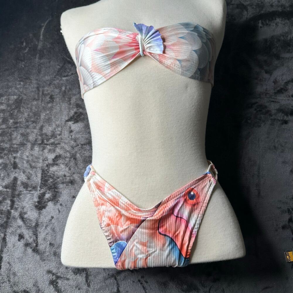 Vintage 80s/90s Bandeau Bikini Swim Suit Pink Blue Koi Expozay
Womens SZ s/M